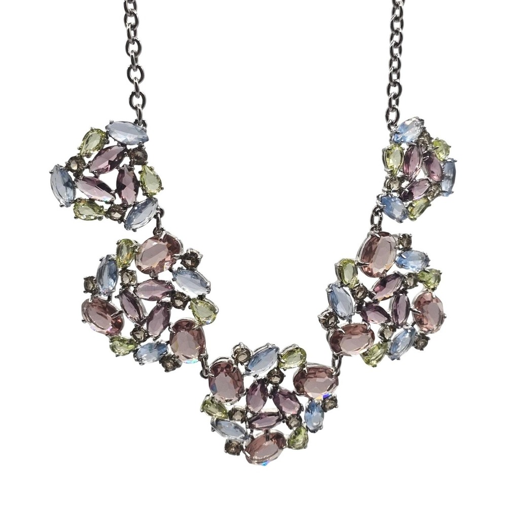 Talbots Bib Stmt Necklace Crystal Glam Silver‎ Tone Pastel Lavender Blue Green